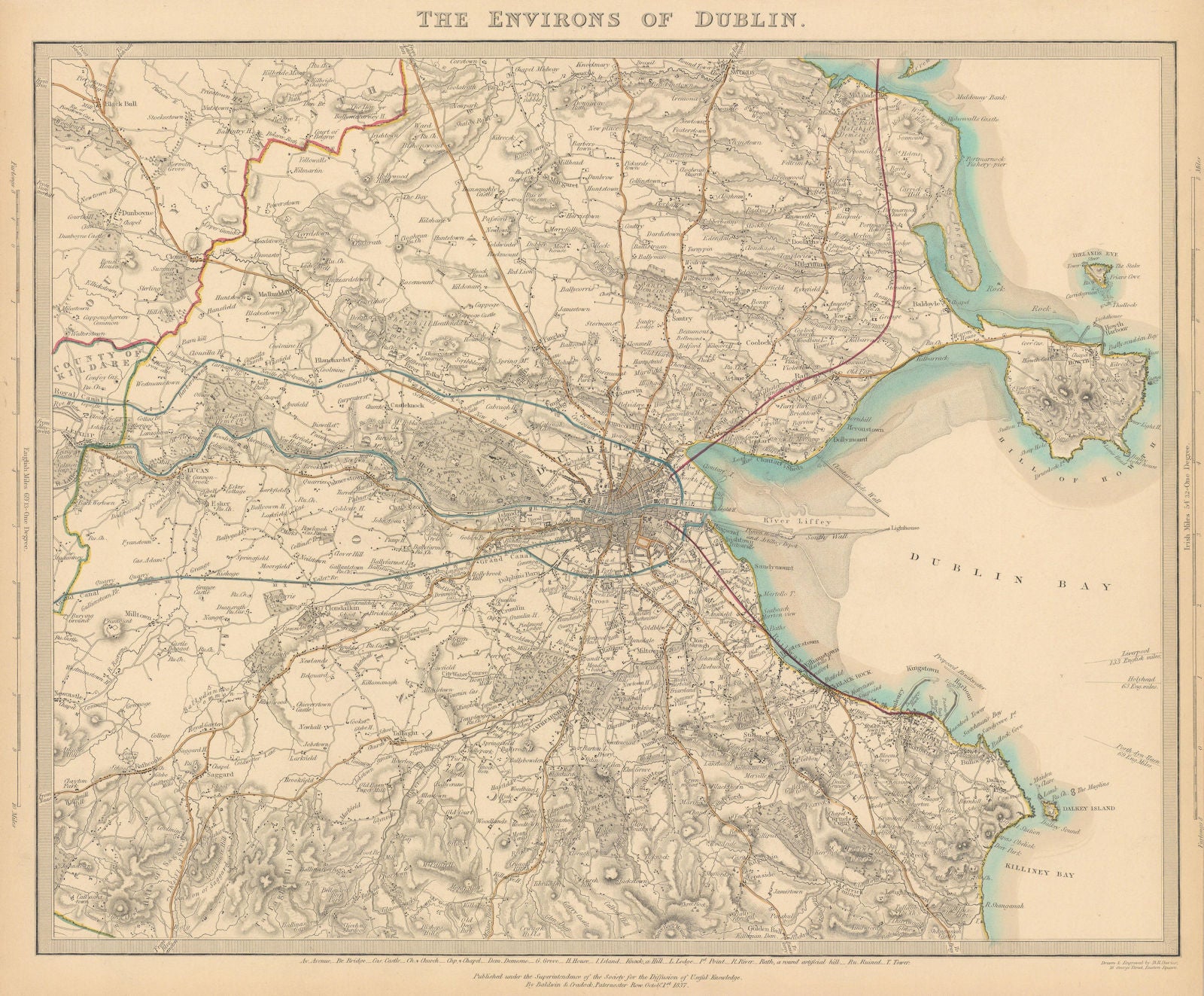 IRELAND. The environs of Dublin. SDUK 1844 old antique vintage map plan chart